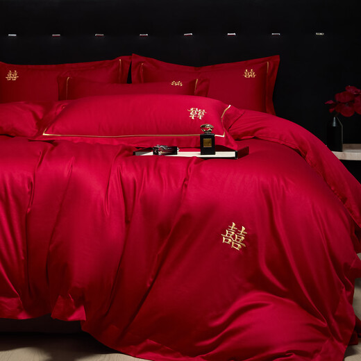 Mercury series home textiles high-end bright red wedding four-piece set wedding quilt cover pure cotton pure cotton sheets and fitted sheets bedding, the only 1.8 fitted sheet four-piece set quilt set 200*230