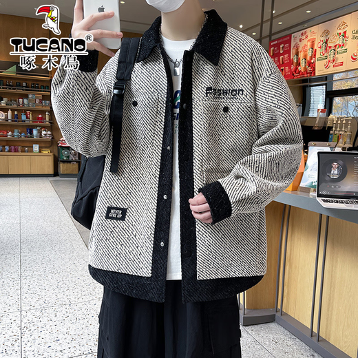 Woodpecker Jacket Men's 2025 Autumn and Winter Youth Loose Tops Trendy and Handsome Large Size Men's Tops Gray XL (120-140Jin Jin equals 0.5kg)