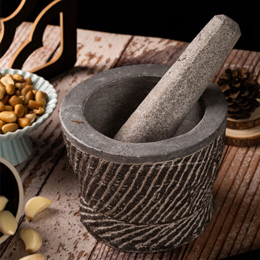 Fantasy natural stone hand-carved bluestone mortar, garlic mortar, medicine jar, household garlic paste, grinding, peeling and pressing garlic, hand-carved extra large with wooden hammer