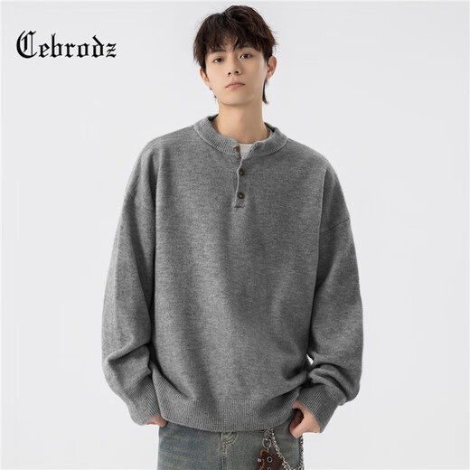 Cebrodz French sweater men's autumn and winter new American sweater coat Henry collar loose long-sleeved casual tops light gray L