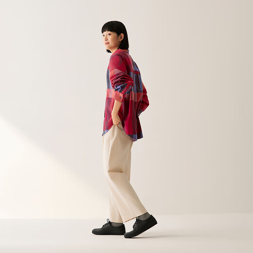 MUJI Women's Flannel Shirt Collar Wide Long Sleeve Shirt Women's Plaid Shirt Jacket Fall 25 BC2BCC5A Red Plaid L (165/88A)