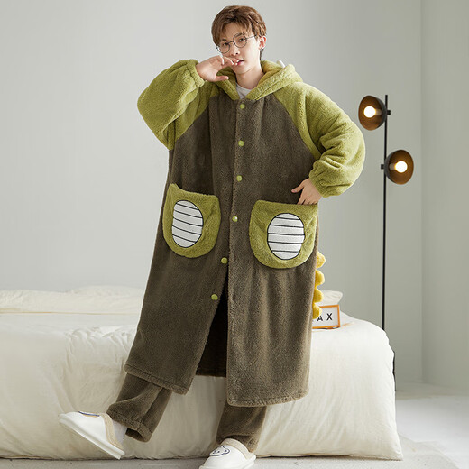 Yu Zhaolin Men's Pajamas Autumn and Winter Coral Velvet Plus Velvet Thickened Winter Youth Pajamas Men's Flannel Bathrobe Home Clothing