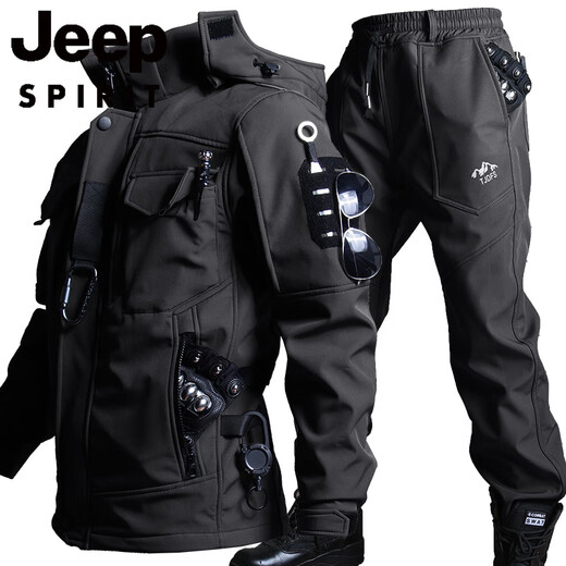 JEEP SPIRIT outdoor fishing and riding outer workwear set motorcycle functional soft shell jacket suit men's winter velvet camouflage suit M 170 (121-135Jin Jin equals 0.5 kg)