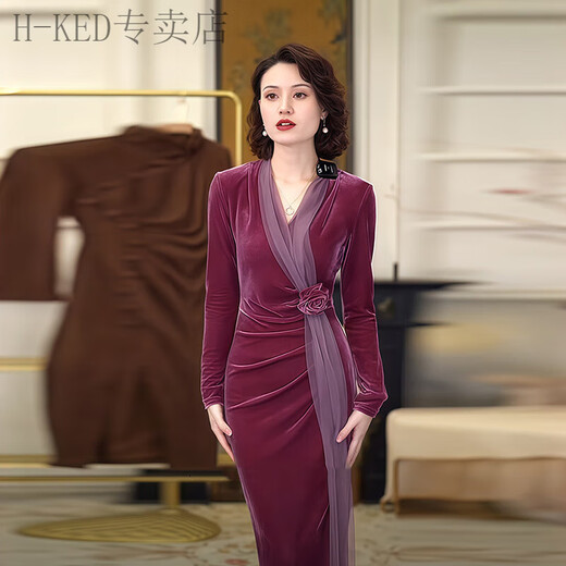 H-KED dress female banquet evening dress high-end slightly fat temperament French annual meeting host evening high-end exquisite dress taro purple dress L