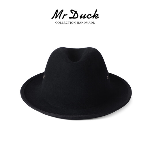 Mr DUCK Australian pure wool handmade top hat rolled edge foldable casual high-end jazz hat for men, warm and breathable in autumn and winter, royal black (top hat) S (suitable for 52-55cm head circumference, small head circumference)