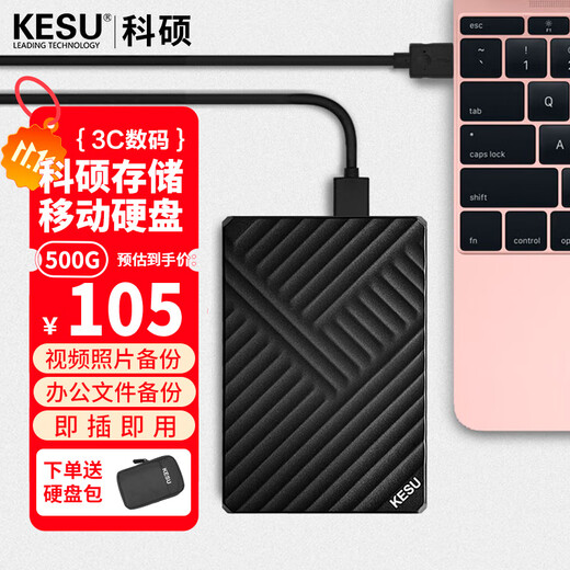 科硕（KESU）移动硬盘USB3.0高速存储手机笔记本电脑连接外接机械硬盘大U盘 500G+硬盘包 K205-陶瓷白