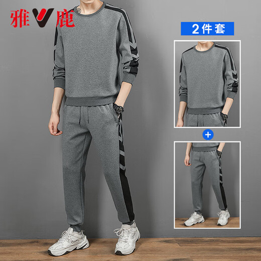 Yalu Sports Suit Men's Autumn and Winter Casual Velvet Thickened Men's Sweater Trousers Korean Style Trendy Cotton Two-piece Set Black Regular Spring and Autumn Two-piece Set XL Recommended 125-140Jin Jin is equal to 0.5 kg