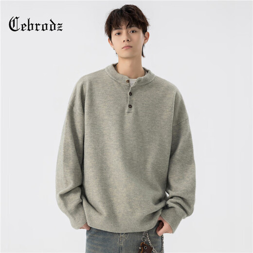 Cebrodz French sweater men's autumn and winter new American sweater coat Henry collar loose long-sleeved casual tops light gray L