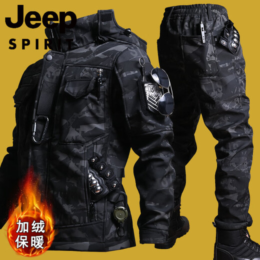 JEEP SPIRIT outdoor fishing and riding outer workwear set motorcycle functional soft shell jacket suit men's winter velvet camouflage suit M 170 (121-135Jin Jin equals 0.5 kg)