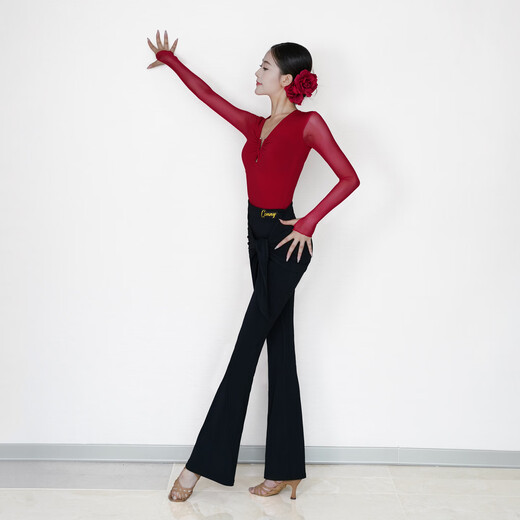 CONNY autumn and winter new high-end Latin dance clothing daily training uniform set special tops and pants for women adults cinnabar red long-sleeved one-piece top 3XL