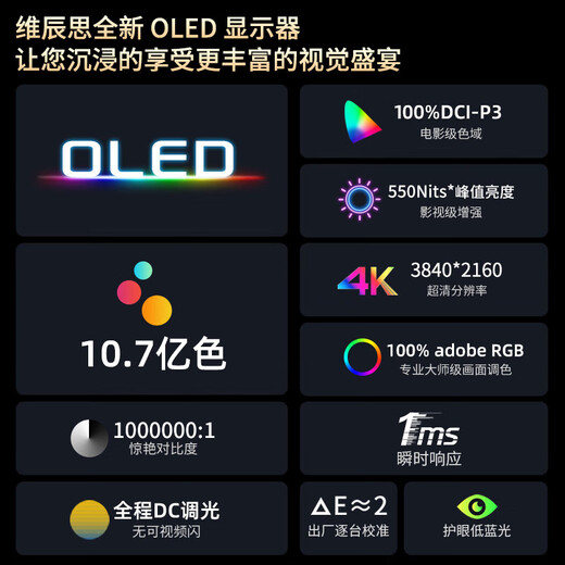 Vichensi OLED self-illuminating 4K portable display external mobile phone computer notebook Macbook/Ps5/Switch office game design professional extended secondary screen 15.6-inch OLED 4K 16 9 touch SU15TO