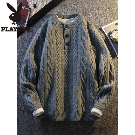 Playboy (PLAYBOY) Henry collar sweater men's autumn and winter twist pattern warm pullover bottoming shirt men's simple loose sweater white M