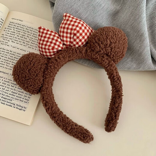 Cute leopard print cat plush headband for home girl, face wash headband, makeup mask, pressed hairpin, jewelry, brown plush bear ears, red plaid bow headband