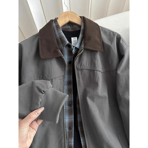 POUM American retro Detroit jacket men's spring and autumn cleanfit work jacket trendy brand high-end lapel top NJN-WT187 gray XL