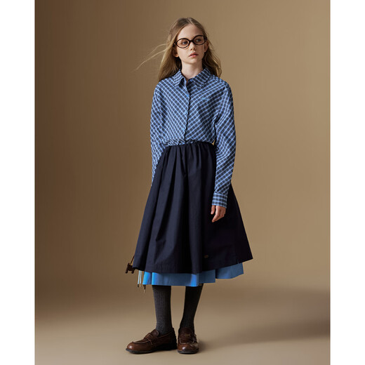 ELLE KIDS children's clothing plaid embroidered long-sleeved shirt girls autumn new classic retro college style top navy blue plaid 165 (M)