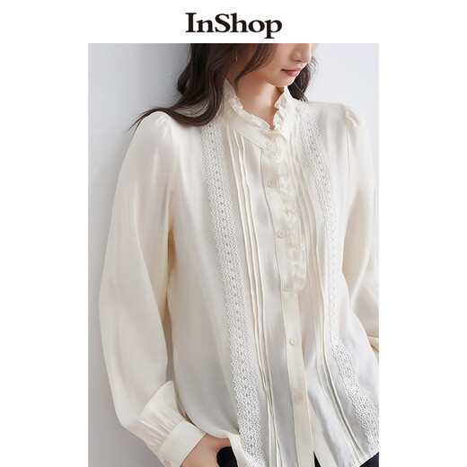 InShop mall same style new women's French micro puff sleeve shirt lace sweet temperament top apricot L