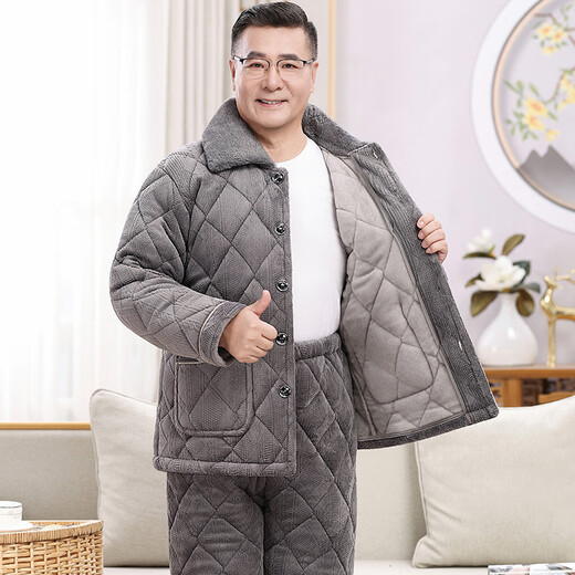 随阅睡衣男士冬季加绒加厚爸爸棉袄冬天牛奶绒保暖家居服中老年人套装 N9926F蓝 牛奶绒 升级加厚 L 码 90-120斤