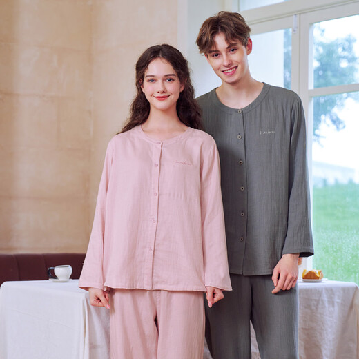 American Standard spring and autumn new long-sleeved couples pure cotton pajamas set women's cotton can be worn outside double-layer cotton gauze home clothes winter men's gray (double-layer cotton gauze) 2XL