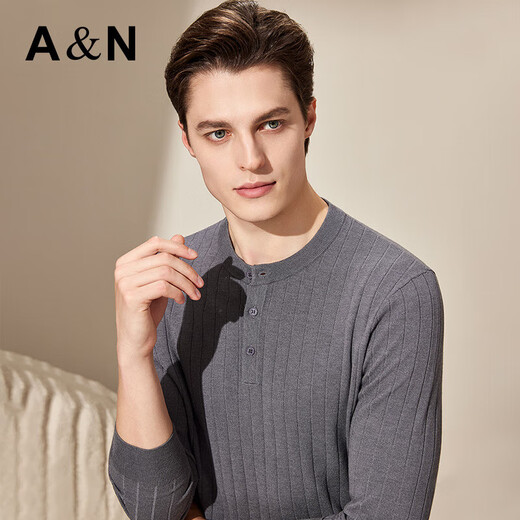 Antonio Light Luxury Simple & Contains Wool Autumn Henley Collar Sweater Men's Delicate Skin Friendly Breathable Long Sleeve T-Shirt Thin Gray M /48(170/88A)