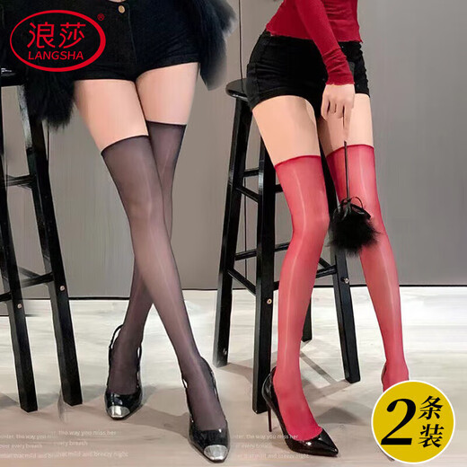 Langsha stockings women's long horse oil stockings sexy and interesting oily thigh stockings ultra-thin black silk borderless knee-high stockings