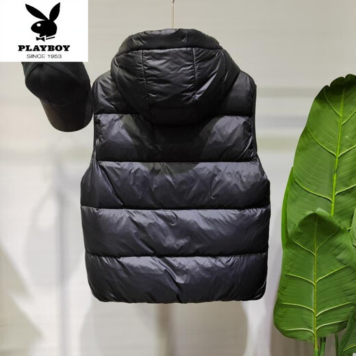 花花公子（PLAYBOY）黑金羽绒马甲加厚高蓬松白鸭绒坎肩连帽马夹2025冬季羽绒服男外套 黑色 XL 体重115-130斤