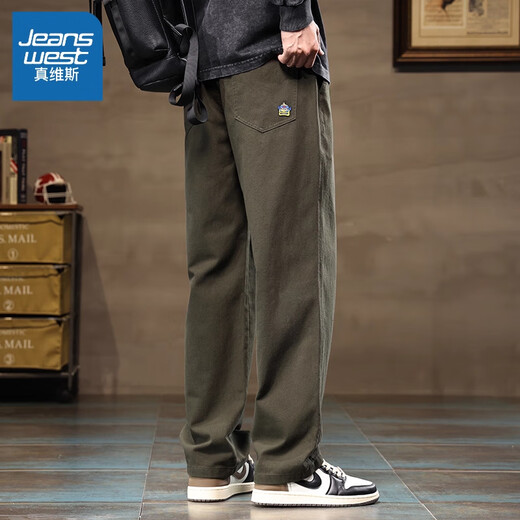 Jeanswest pants men's autumn and winter velvet thickened pure cotton casual pants American workwear loose wide-leg straight sports trousers 9208 military green XL (recommended 125-140 Jin Jin equals 0.5 kg)