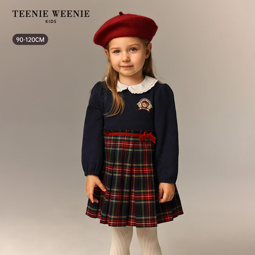 Teenie Weenie Kids 26 years new baby girl patchwork plaid long-sleeved dress navy blue 90cm