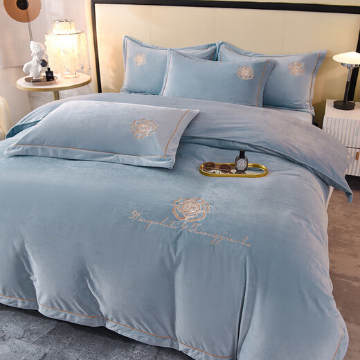 Fuanna Class A thickened baby milk velvet four-piece set embroidered coral velvet quilt cover winter warm flannel Class A baby velvet-Camellia Orange bed sheet style 1.5 four-piece set quilt cover 2.0*2.3