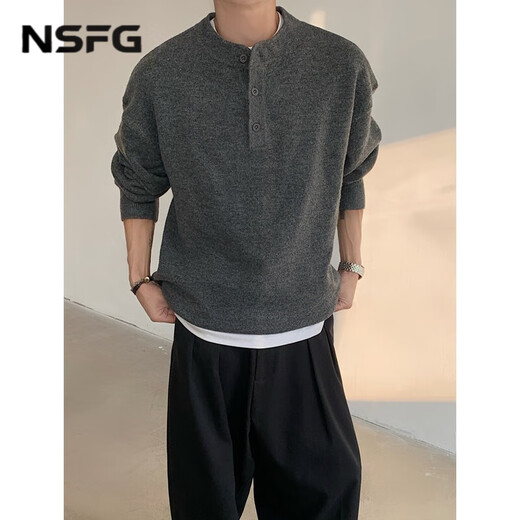 NSFG American retro Henry collar sweater men's autumn and winter men's casual lazy style sweater men's solid color sweater dark gray M (85-100Jin Jin equals 0.5 kg)