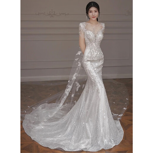 Ovivo fishtail wedding dress bridal main yarn high-end French light wedding dress 2025 new fishtail dress high-end small tail style with veil gloves M