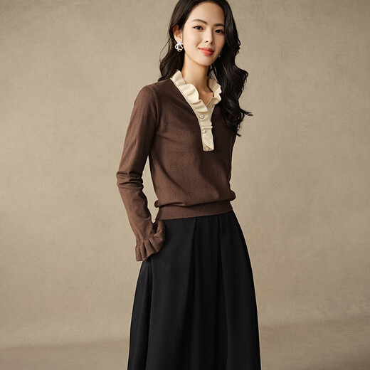 Late White New Product 2025 Autumn Fashion Simple Casual Sweater Temperament V-neck Lace Elegant Knitted Sweater Women Brown S