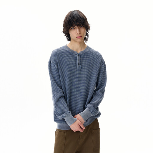 Oiro's shop American retro washed distressed long-sleeved sweater for men trendy brand high-end Henry collar sweater couple blue M