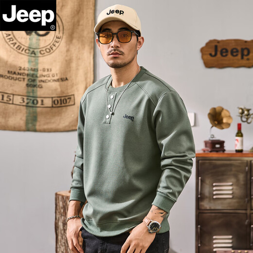 JEEP sweatshirt men's autumn new round neck casual bottoming shirt cotton skin-friendly solid color Henry collar T-shirt with dark green XL