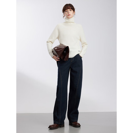 ELLE 100% sheep wool simple turtleneck sweater for women 2025 new autumn new year soft and waxy slim wool sweater off-white M