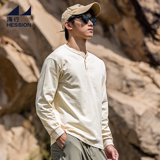 Haixing beige 300g pure cotton closed long-sleeved henley shirt men's winter casual commuting bottoming t-shirt trendy new beige XL