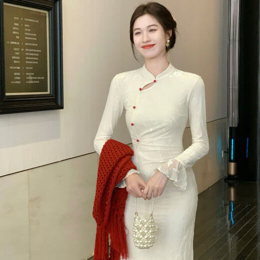 Jialong Mingxiu 2025 Autumn New Long Xingxue Zhiguang New Chinese Style Improved Cheongsam Women's Trumpet Sleeve Dress Qianmi Xing 2XL