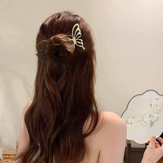 Metal hollow butterfly hairpin, new Chinese style four-tooth comb for women, high-end, cool, round hairpin, metal hollow butterfly hairpin, black