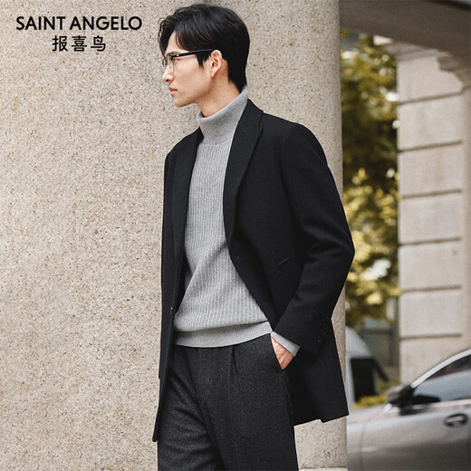 Angel Bird Coat Men's Chester 100% Wool Autumn and Winter Men's Woolen Coat Business Casual Mid-length Jacket Obsidian Black XL -50(180/100)