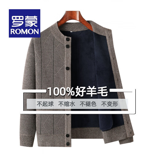 ROMON middle-aged and elderly men's winter sweater grandpa round neck cardigan autumn and winter dad velvet thickened sweater jacket 100% pure wool - whole body black gray KS vertical/terms - velvet M