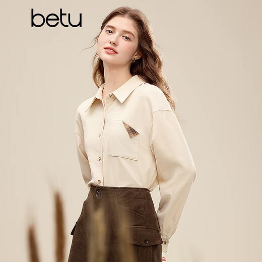 Betu women's 2025 winter new shirt with plaid contrasting buttons 100% cotton top for women 2511T61 apricot L