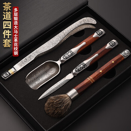 Jinge Damascus Pu'er Tea Knife Tea Ceremony Six Gentlemen Set Tea Spoon Spatula Tea Clip Kung Fu Tea Set Accessories Red Rosewood Fengxiang Damascus 5-piece Set