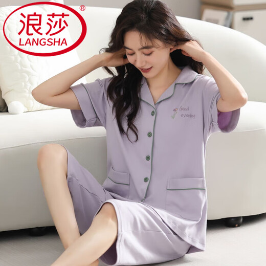 Langsha pure cotton pajamas for women summer 2025 new high-end short-sleeved cropped pants large size cardigan for women to wear at home n9896 short-sleeved/cropped pants cardigan 3XL (160-180Jin Jin equals 0.5 kg)