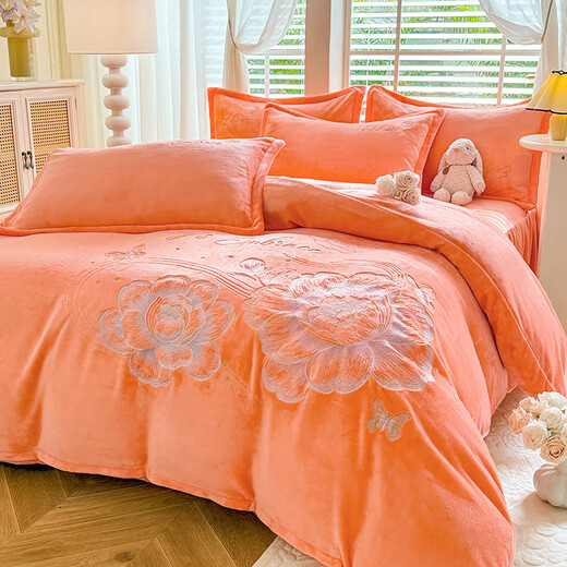 Mercury series home textiles winter plus velvet and thickened milk velvet four-piece set 2024 new double-sided velvet embroidered quilt cover coral velvet bed sheet bloom--Emma Orange bed sheet style 1.5-2.0M four-piece set
