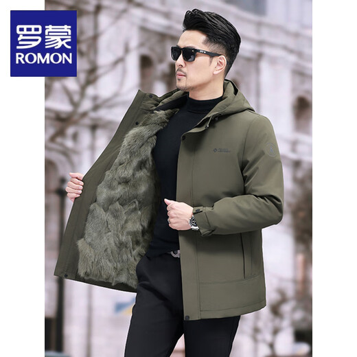 ROMON Parker Men's Winter 2025 New Men's Mink Fur Liner Fur Integrated Fox Detachable Fur Jacket B Style Green + Rex Rabbit Fur Liner 3XL <150Jin Jin equals 0.5kg -170Jin Jin equals 0.5kg >
