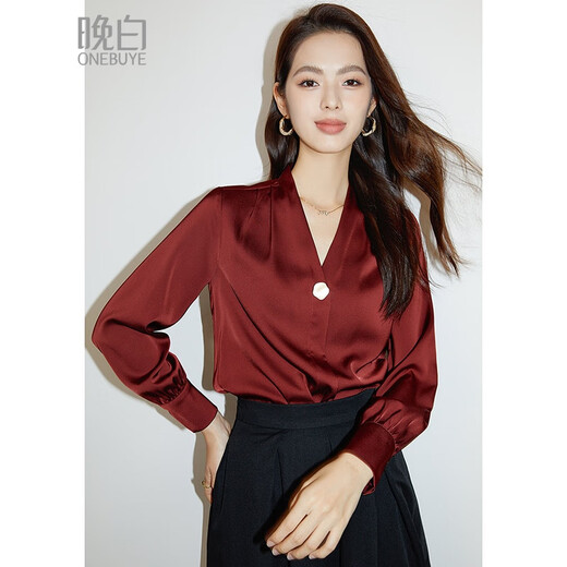Late White Exclusive 2025 Autumn Fashionable and Western Style Top Chinese Red Long Sleeve Shirt Women's Shirt Dark Red M