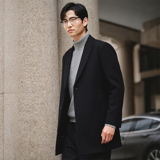 Angel Bird Coat Men's Chester 100% Wool Autumn and Winter Men's Woolen Coat Business Casual Mid-length Jacket Obsidian Black XL -50(180/100)