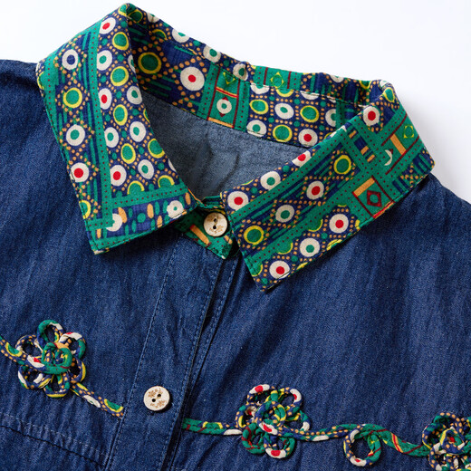 Paste denim shirt 2025 autumn new embroidered lapel middle-aged and elderly women's casual shirt navy blue 2XL