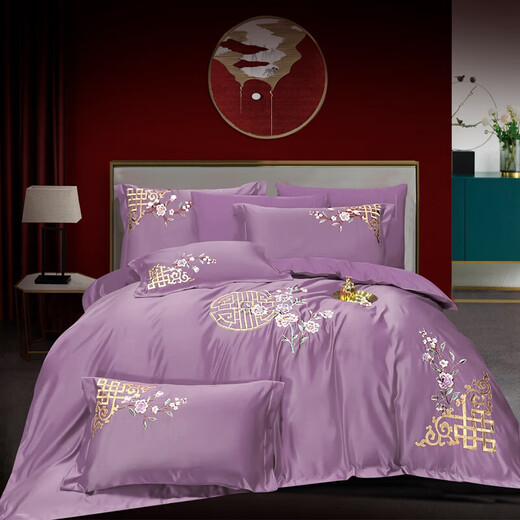 New wedding four-piece set 100s long staple cotton bright red wedding embroidery quilt set wedding room four-piece set dark fragrance purple bean paste 1.8m bed sheet style four-piece set