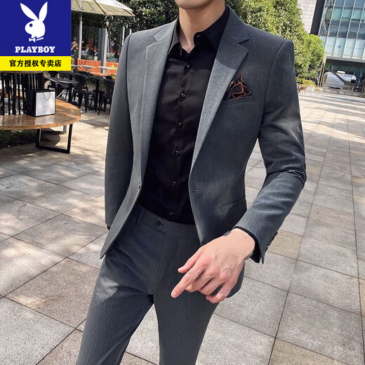 Playboy casual suit suit for men, Korean style slim fit high-end suit, full set of men's trendy jacket, handsome men's suit, mature black suit + trousers, one button M 165 recommended 90-105 Jin Jin equals 0.5 kg