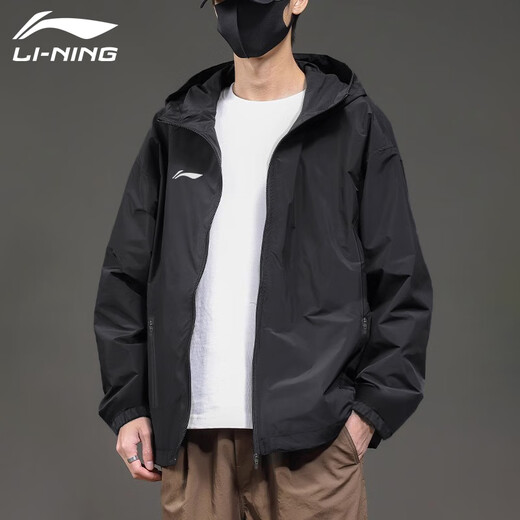 Li Ning Jacket Men's Spring and Autumn Hooded Jacket Youth Zipper Cardigan Casual Loose Trendy Outdoor Sports Windbreaker Men Black Windbreaker Jacket Sports Versatile L /175 (125-145Jin Jin equals 0.5kg)